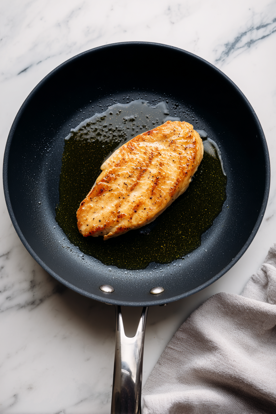 Cook your chicken in a pan sprayed with cooking oil. Remove from heat and let it cool.