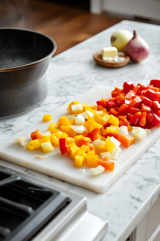 On the white marble cooktop, red, yellow, and orange peppers are chopped into large pieces along with a medium yellow onion. Nearby, a skillet heats with 2 tablespoons of butter, ready to sauté the colorful vegetables until just tender.