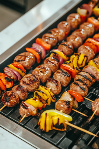 The boiled sausages are placed on a grill over the white marble cooktop, with each side being lightly charred by the flames. This step adds a browned, smoky flavor as the sausages cook for about 2 minutes per side.