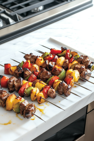 The assembled kabobs rest on a platter on the white marble cooktop, finished with a drizzle of thick, tangy apple cider reduction for added flavor. The kabobs are now ready to be served and enjoyed.