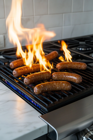 The boiled sausages are placed on a grill over the white marble cooktop, with each side being lightly charred by the flames. This step adds a browned, smoky flavor as the sausages cook for about 2 minutes per side.