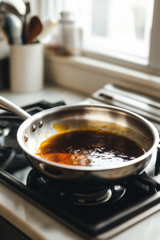 A non-reactive pan sits on the white marble cooktop, with apple cider boiling steadily over medium-high heat. The cider will reduce over 4-5 hours until it thickens enough to coat a spoon, at which point it will be cooled in the refrigerator.