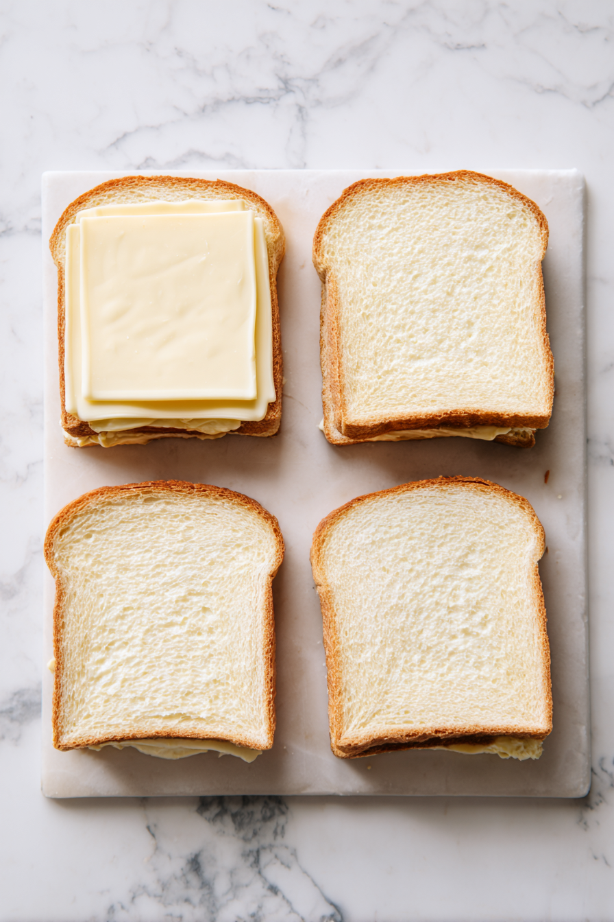 Place the thinly sliced Gouda cheese on top of the mustard mixture, dividing it evenly among the 4 slices of bread.