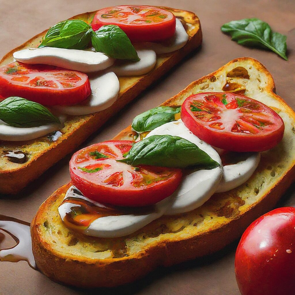 Caprese Crostini offers a delightful twist on the beloved Italian classic, Caprese salad. Crispy baguette slices are toasted to golden perfection before being adorned with layers of creamy fresh mozzarella, juicy ripe tomatoes, and aromatic basil leaves. A finishing touch of balsamic glaze adds a sweet and tangy flavor, creating a harmonious blend of textures and tastes in every bite. Whether served as an elegant appetizer for a dinner party or a simple yet sophisticated snack, these Caprese Crostini are sure to impress with their vibrant colors and irresistible flavors, capturing the essence of Mediterranean cuisine with every mouthful.