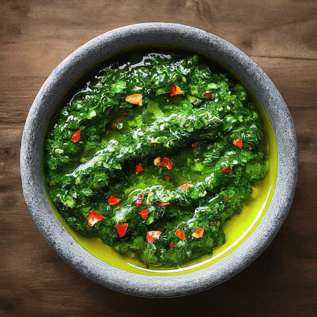 Chimichurri is a vibrant and flavorful sauce originating from Argentina, featuring a blend of fresh herbs, garlic, tangy vinegar, and spicy chili flakes. This versatile sauce adds a burst of freshness and zing to grilled meats, poultry, or vegetables.