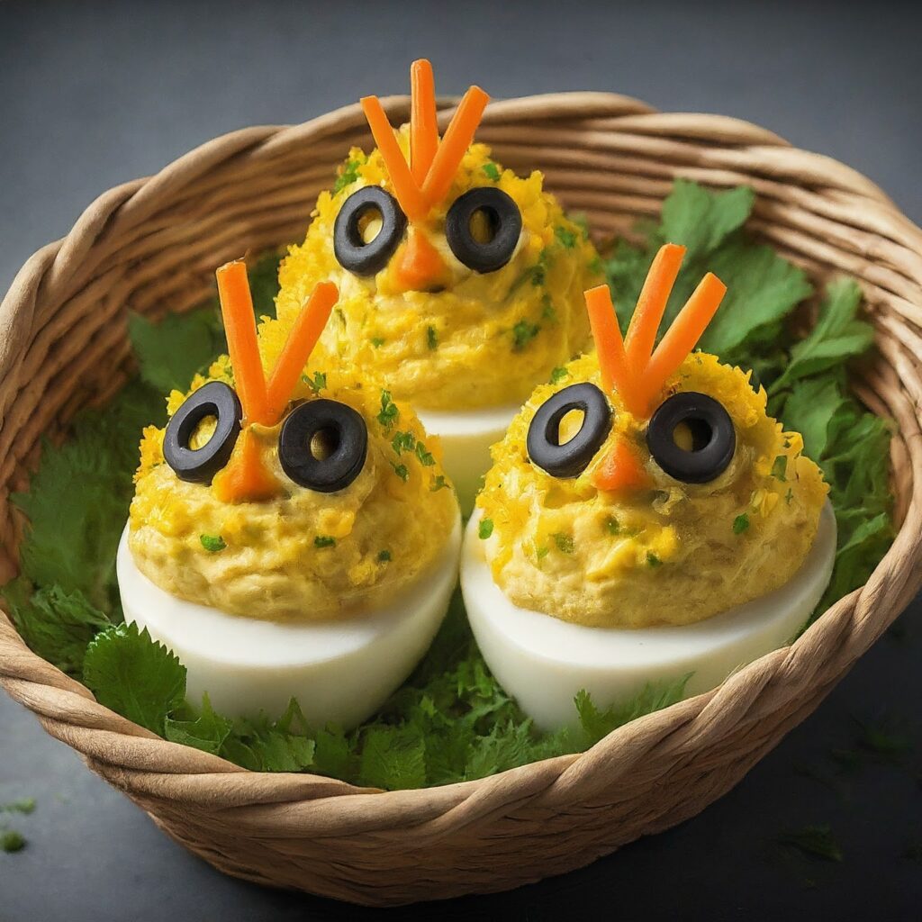 Transform classic deviled eggs into adorable chick-shaped treats with this festive recipe. Creamy egg yolk filling piped onto halved hard-boiled eggs forms the bodies, while carrot slices and black peppercorns create charming faces. Perfect for Easter or spring gatherings, these Deviled Egg Chicks are sure to delight guests of all ages with their whimsical appearance and delicious taste.
