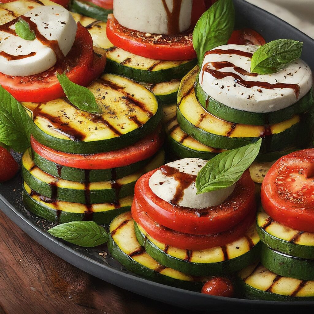 In this Grilled Zucchini Caprese recipe, tender zucchini slices are grilled to perfection and then layered with slices of juicy tomatoes, creamy fresh mozzarella, and aromatic basil leaves. Drizzled with a tangy balsamic glaze, this dish is a delightful combination of flavors and textures that makes for a refreshing appetizer or side dish during summer gatherings or any time you crave a taste of Mediterranean flair.