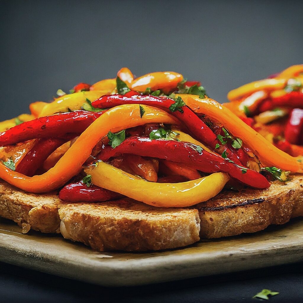 Indulge in the vibrant flavors of our Roasted Pepper Bruschetta, where sweet roasted peppers meet tangy balsamic vinegar and creamy goat cheese atop crispy baguette slices. Perfect for any occasion, this appetizer is sure to impress with its colorful presentation and irresistible combination of textures.