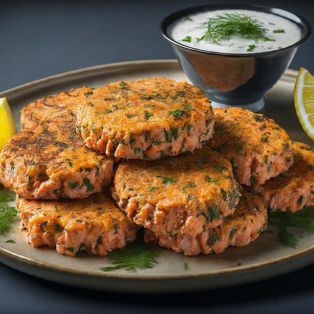 Delight in the savory sensation of golden-brown Salmon Patties, a delectable blend of tender salmon, aromatic herbs, and zesty spices. These crispy patties offer a mouthwatering contrast of textures, with a crunchy exterior giving way to a moist, flavorful center. Perfect for any occasion, these homemade patties are quick and easy to prepare, offering a delightful burst of seafood goodness in every bite.