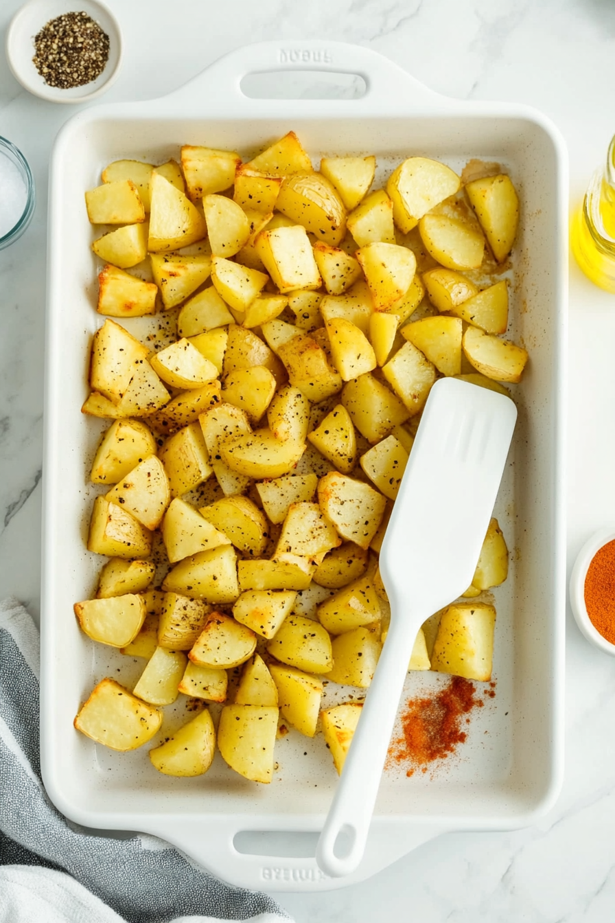 The seasoned potatoes are spread out in a single layer on a baking sheet, ready to be roasted at 450°F. This high temperature ensures a golden brown, crispy finish on the potatoes.
