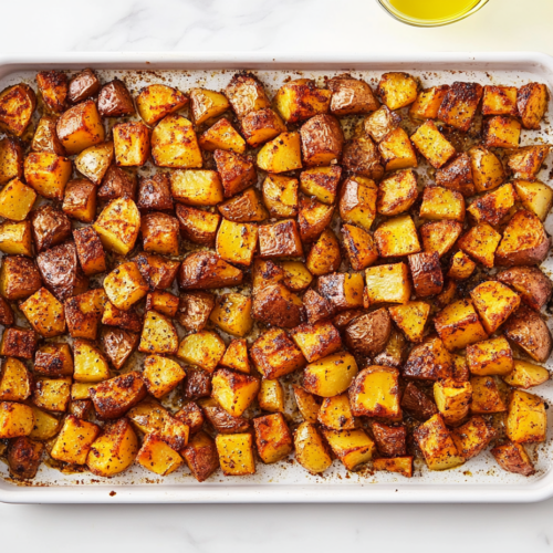 A tray of crispy, golden-brown roasted potatoes fresh from the oven. The perfectly roasted potatoes have a crunchy exterior and a tender interior, seasoned with garlic, paprika, and other spices, ready to be served.