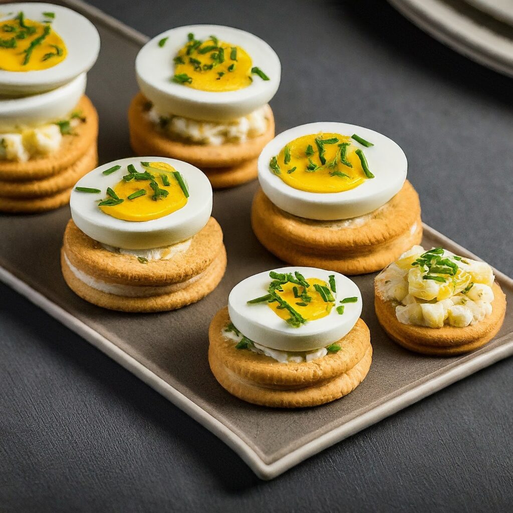 Indulge in the delectable combination of creamy egg salad infused with fresh chives, elegantly perched atop crispy toasted bread rounds, creating a bite-sized masterpiece fit for any occasion.