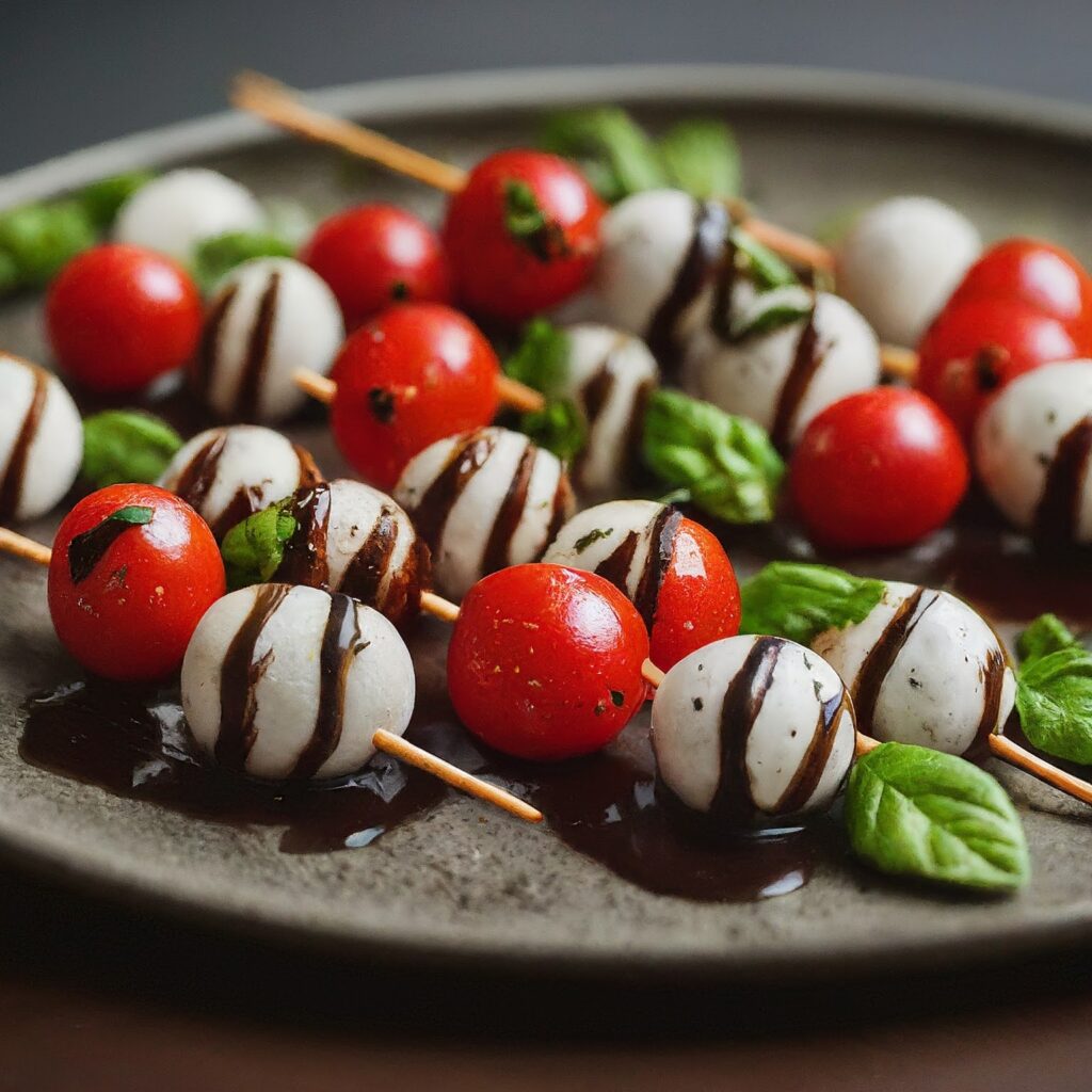**Short Excerpt:**

Prepare these delightful Caprese Salad Skewers by threading cherry tomatoes, mini mozzarella balls, and fresh basil leaves onto skewers. Drizzle with balsamic glaze for a burst of flavor in every bite. Perfect for parties or as a starter, these skewers offer a taste of Italy in a convenient, bite-sized form.