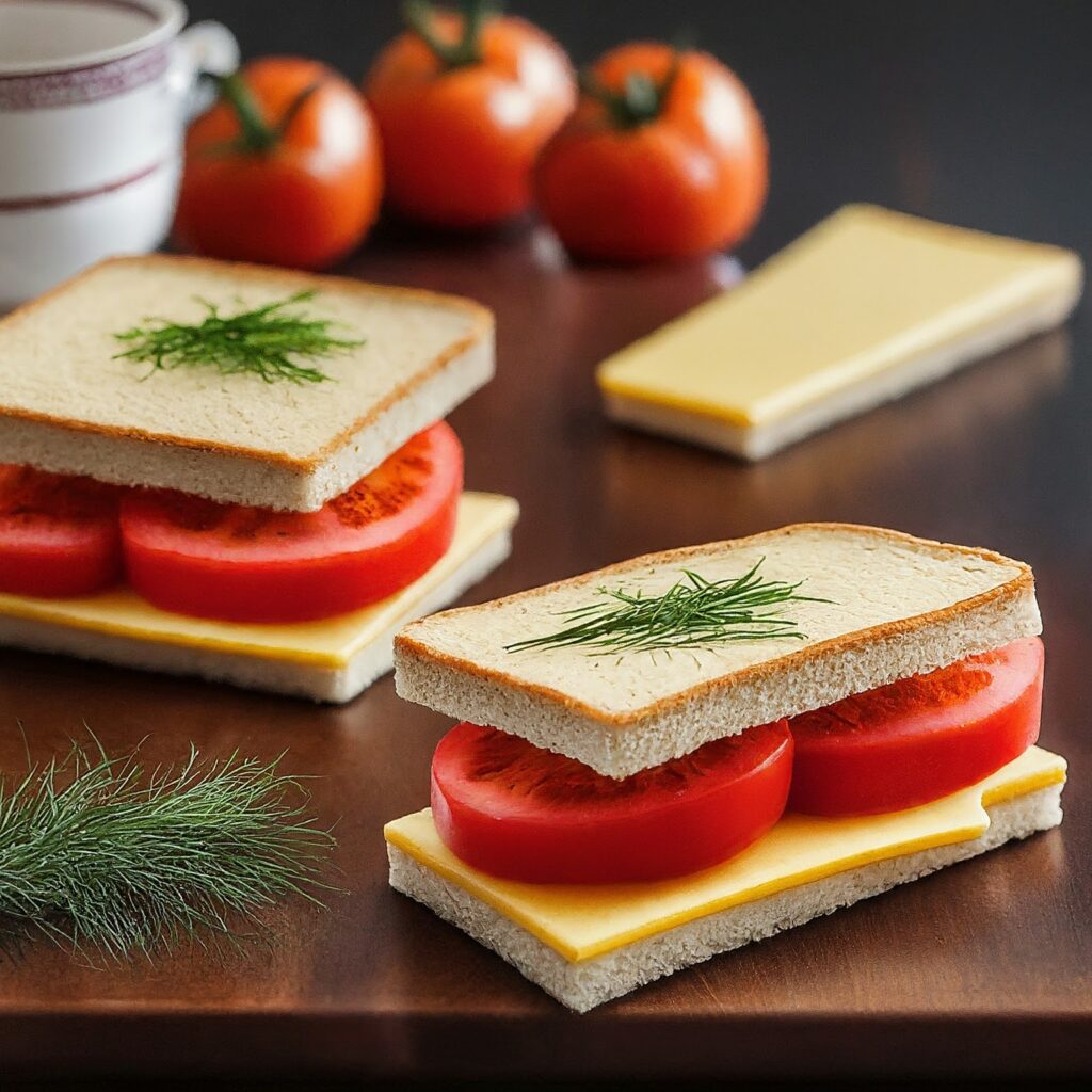 Create delectable vegan Gouda and tomato tea sandwiches with plant-based cheese slices, ripe tomatoes, and vegan-friendly bread. Layered with flavorful ingredients and seasoned to perfection, these sandwiches offer a delightful vegan twist on a classic favorite. Serve them at your next gathering for a crowd-pleasing appetizer that everyone can enjoy.