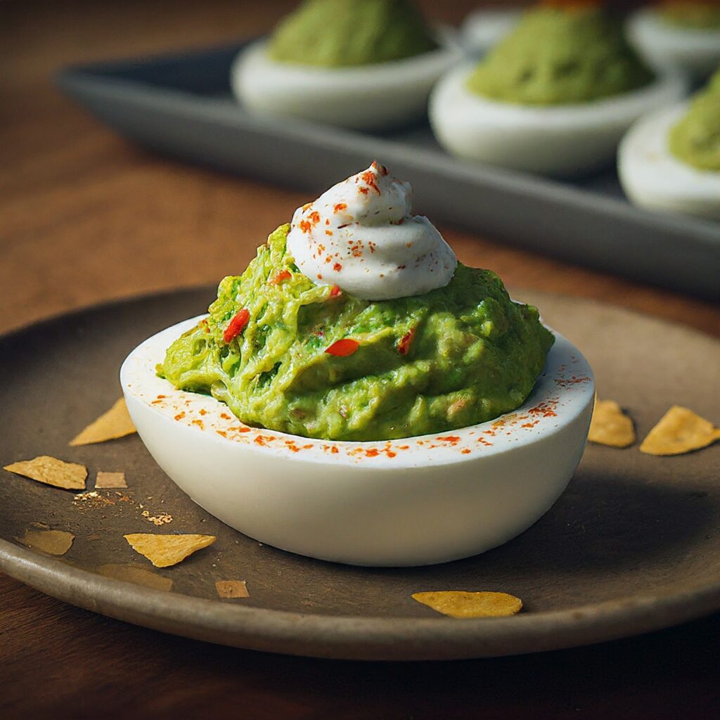 Transforming classic deviled eggs into a zesty delight, our guacamole stuffed eggs blend creamy avocado, zesty lime, and a touch of jalapeño for a flavor-packed appetizer. Boiled eggs, halved and filled with a vibrant guacamole mixture, offer a refreshing twist on a beloved favorite. Garnish with diced tomato and a sprinkle of paprika for a colorful finish. Ready to elevate your egg game?