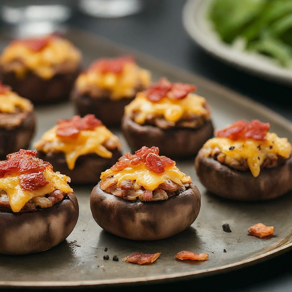 Indulge in the savory delight of Smoked Gouda and Bacon Stuffed Mushrooms. These delectable appetizers feature earthy mushrooms filled with a savory mixture of smoky Gouda cheese, crispy bacon, and aromatic herbs. Each bite offers a burst of flavor and a satisfying contrast of textures. Perfect for entertaining or snacking, these stuffed mushrooms are sure to impress with their irresistible taste and elegant presentation.
