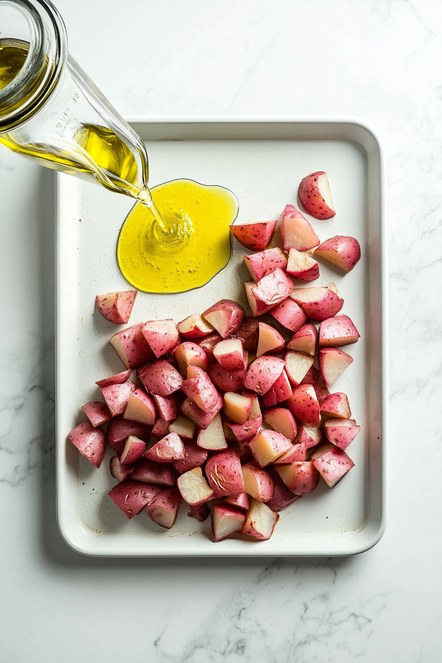 The cubed potatoes are tossed in olive oil and seasoned with salt, pepper, garlic powder, paprika, and onion powder. The potatoes are thoroughly coated in the flavorful mixture, ensuring a crispy and aromatic roast.