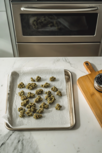 This image shows ground cannabis flower being spread evenly across a parchment-lined baking sheet, getting ready for the decarboxylation process in the oven.