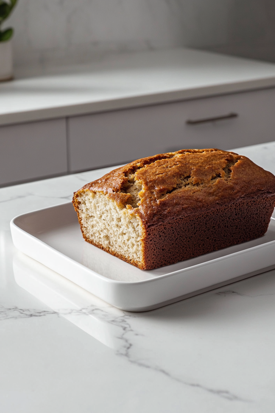 Top-down view of a freshly baked Janet's Rich Banana Bread loaf placed on a white ceramic plate over a white marble countertop. The banana bread is golden brown, sliced slightly to reveal the soft and moist interior with scattered walnuts. The scene is simple, clean, and highlights the homemade comforting vibe of the bread.
