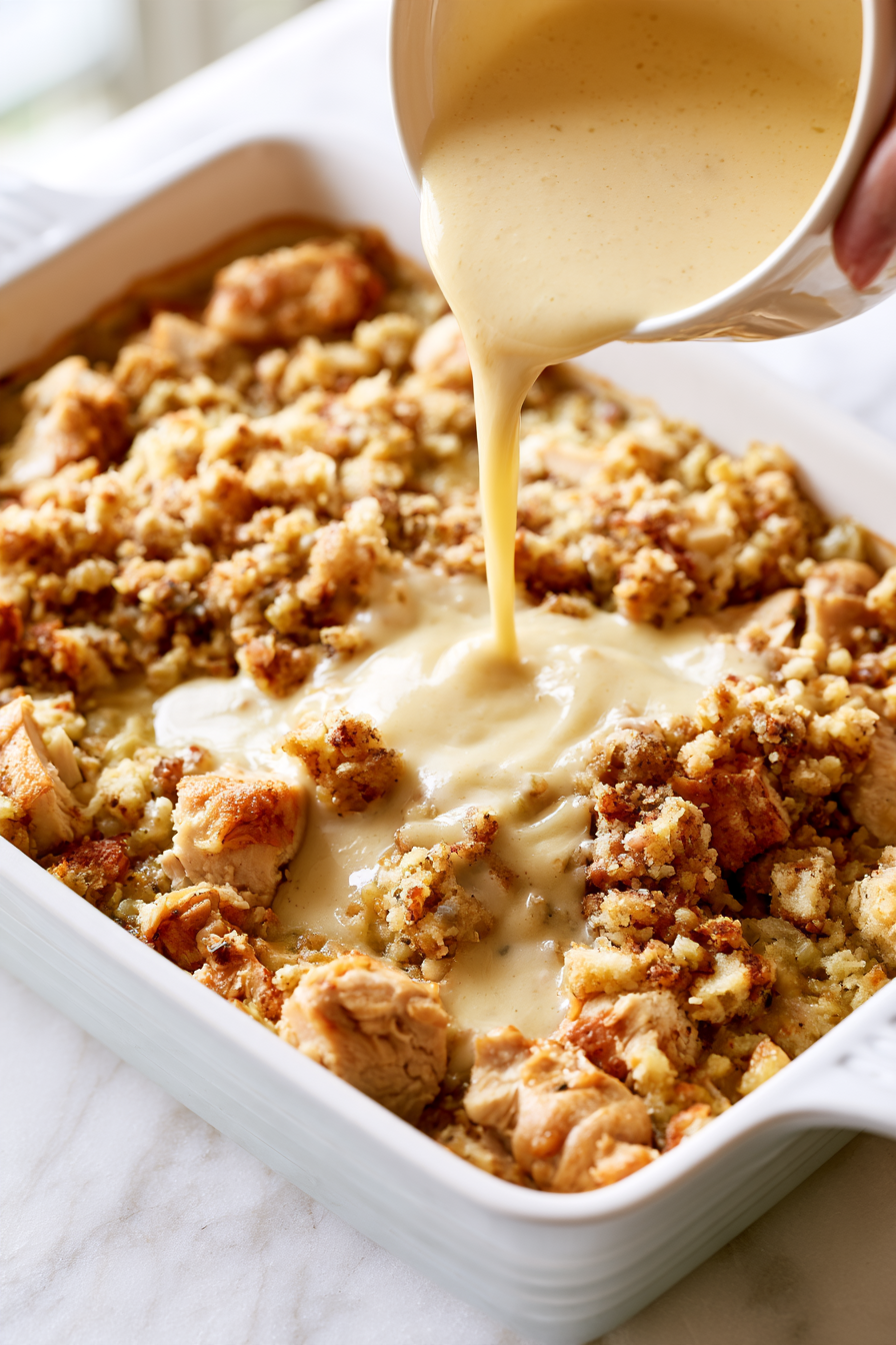 Pour this mix over the stuffing and turkey in the dish