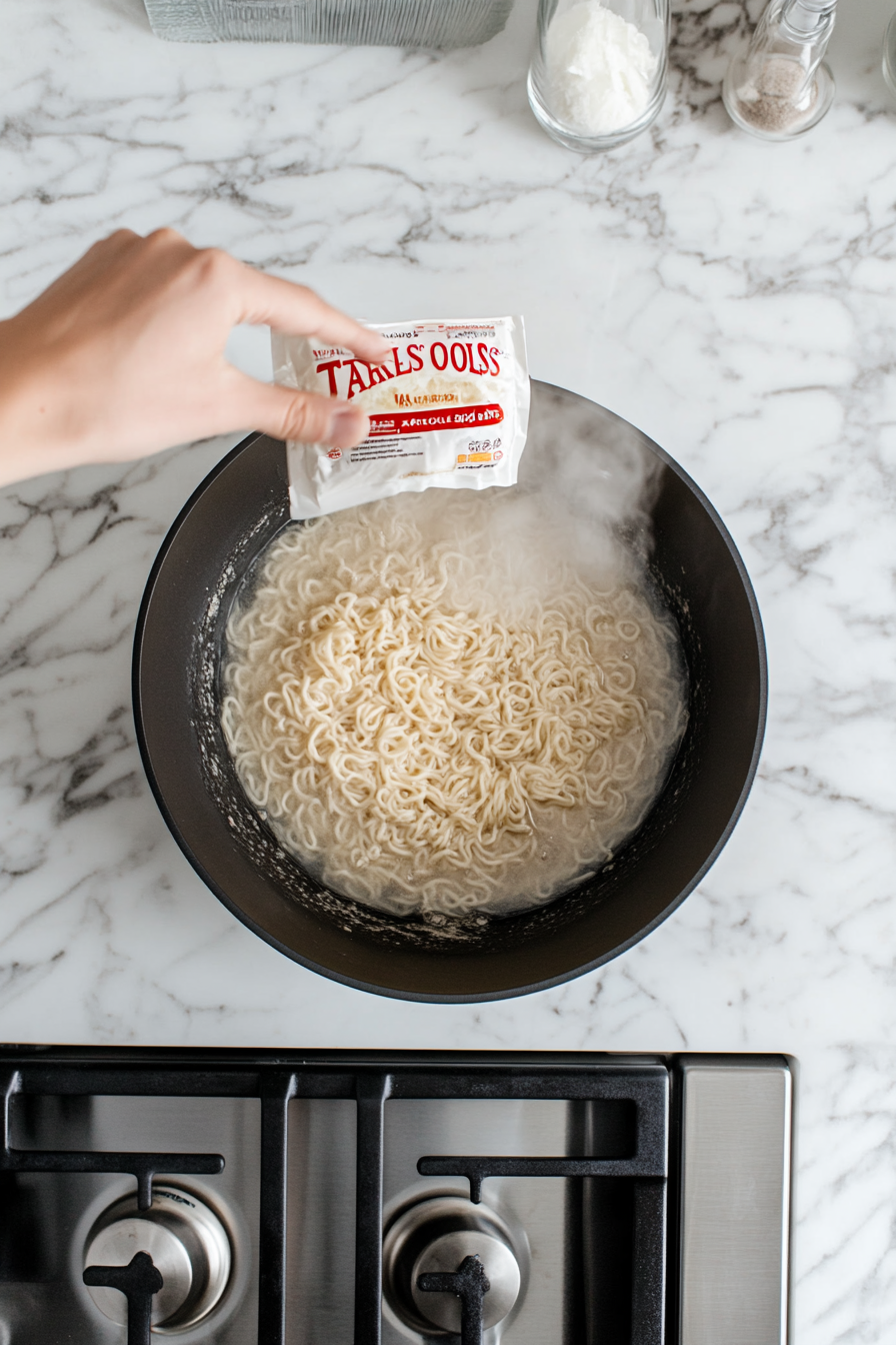 This image shows the squiggly noodles from Trader Joe's boiling in a large pot of water, cooking for 3-4 minutes until tender, as part of the preparation for the stir-fry.