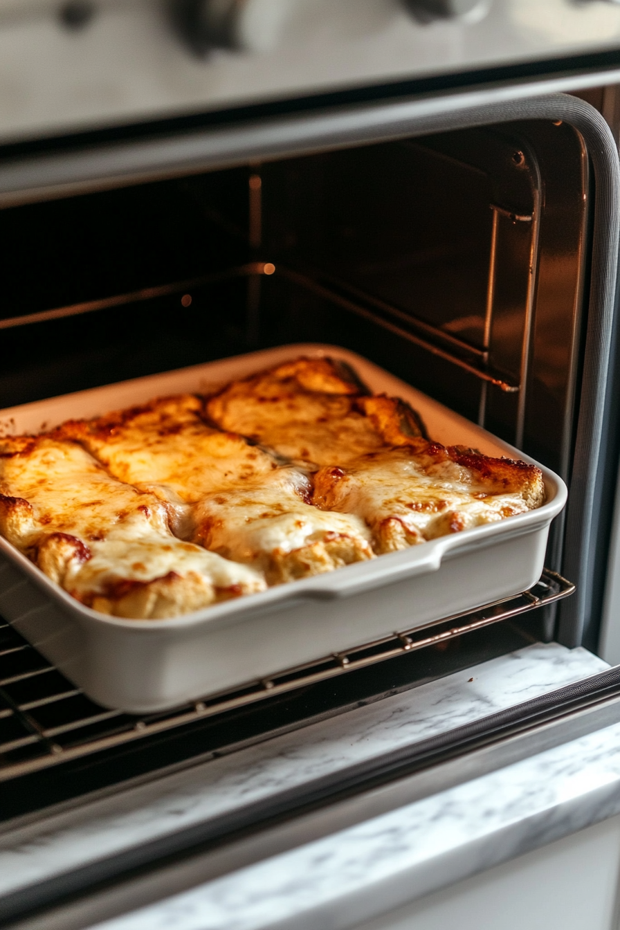 This photo captures the funeral sandwiches baking in the oven. The tops of the Hawaiian rolls are golden brown, and melted cheese oozes slightly from the sides. The aroma of warm ham, butter, and poppy seeds fills the air. The baking dish rests on a white marble counter, capturing the essence of homemade comfort food.