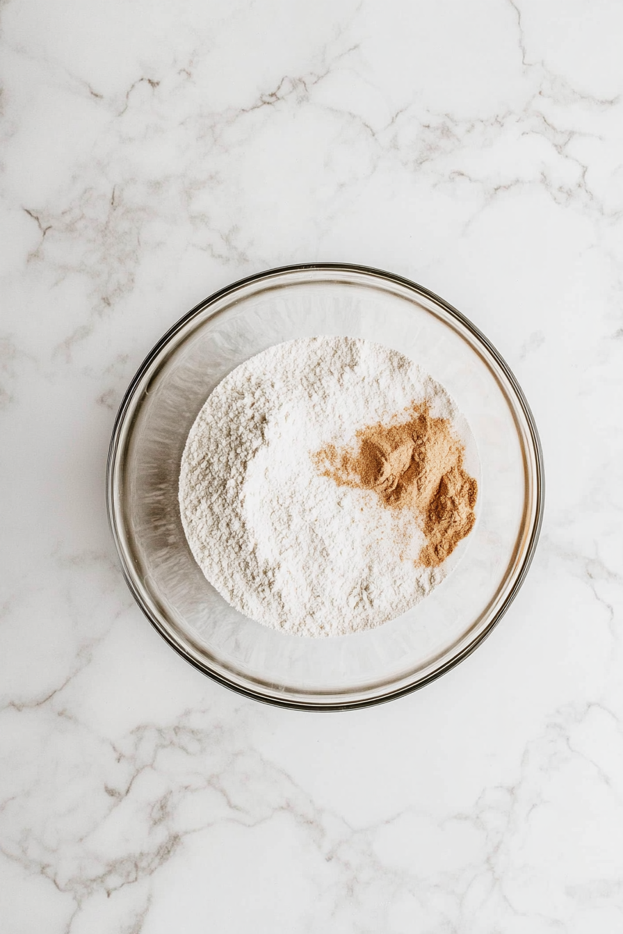 Top-down view of a large clear glass bowl filled with all-purpose flour, baking powder, baking soda, cinnamon powder, nutmeg powder, and salt, placed on a clean white marble countertop. The dry ingredients are carefully combined and ready for use in creating the perfect rich banana bread batter full of warmth and flavor.