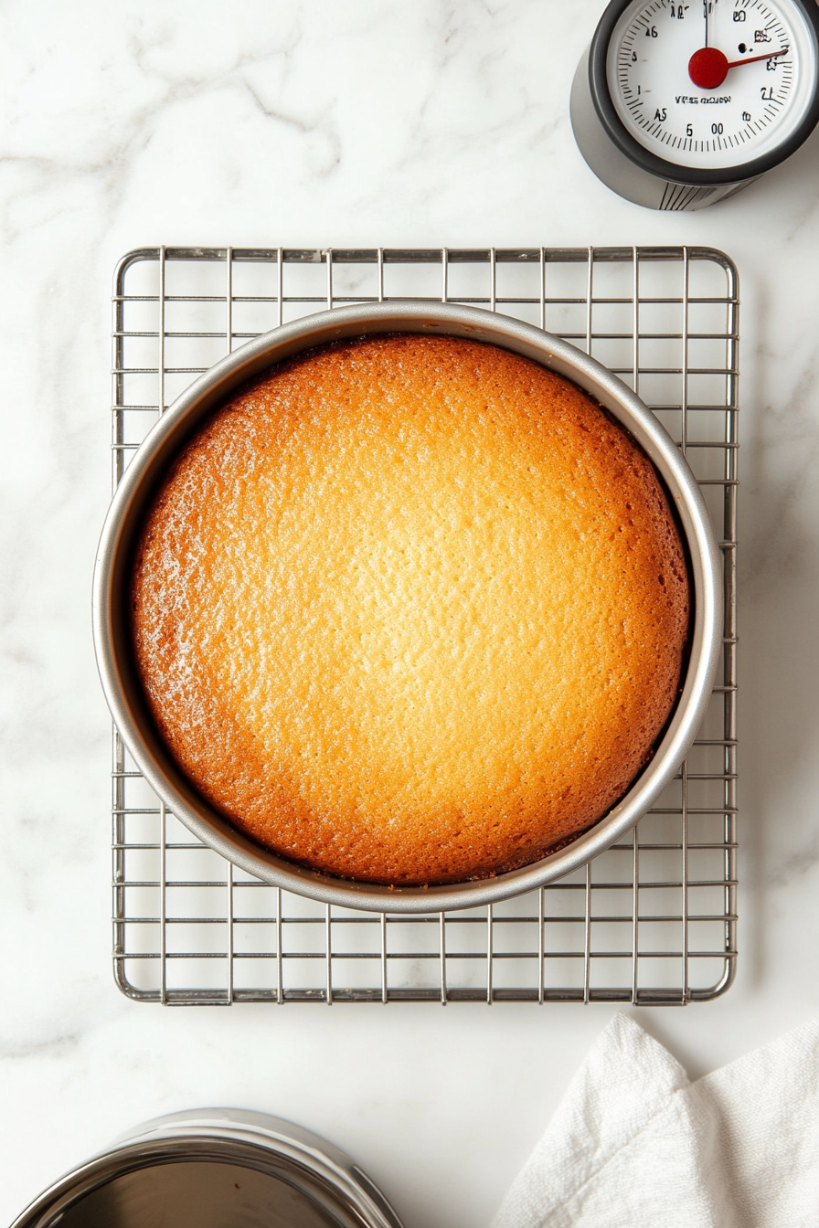 Top-down view of the freshly baked cotton candy cake still in its metal baking pan, placed on a wire cooling rack over a white marble countertop. The cake’s surface looks golden and lightly risen. The scene captures the cooling process after baking, giving the cake time to set before moving to the next step.