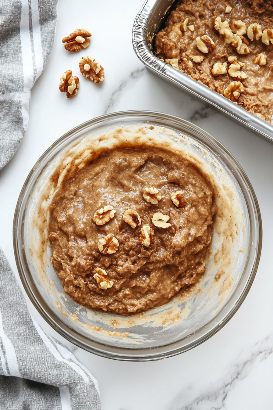 Top-down view of a clear glass bowl containing banana bread batter with freshly added chopped walnuts. Nearby, a silver loaf pan filled with the batter is ready to be baked, and a wire cooling rack sits beside it, all on a clean white marble countertop. This scene captures the final preparation before baking the rich banana bread.