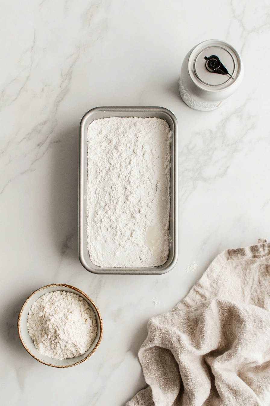 Top-down view showing a silver loaf pan greased and dusted with flour, sitting on a clean white marble countertop alongside a small bowl of flour and a can of nonstick spray. The simple baking setup captures the essential preparation step for making moist and delicious Janet's Rich Banana Bread at home with ease.