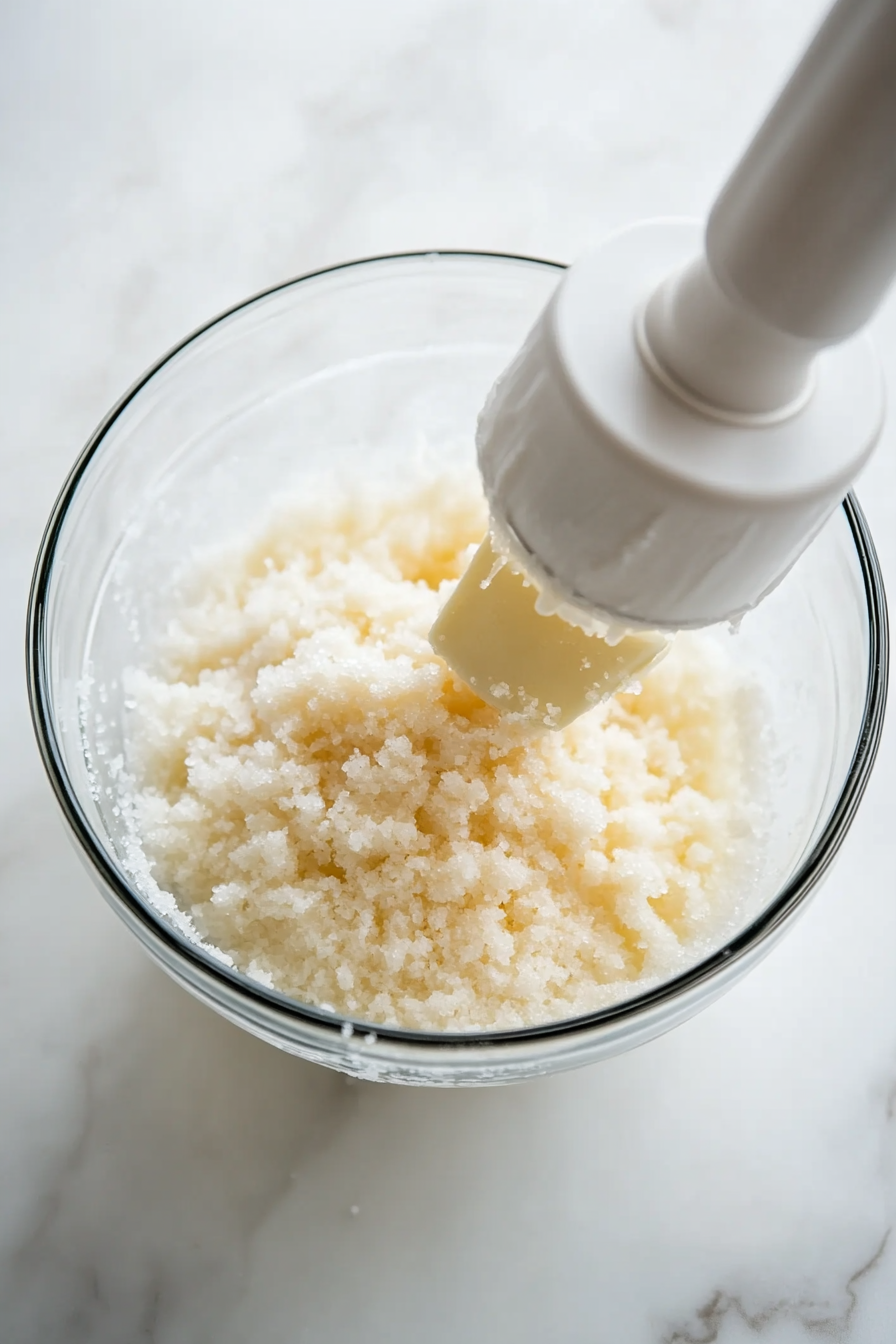 Alt Text: Top-down view showing a large clear glass mixing bowl containing melted butter and white sugar being creamed together using a white hand mixer, all placed on a white marble countertop. The butter and sugar mixture is light and fluffy, forming the essential rich base for the delicious banana bread, ensuring perfect sweetness and texture.