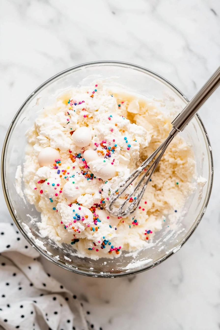 Top-down view of cake batter being mixed in a large clear glass bowl using an electric mixer on a white marble countertop. Ingredients include white cake mix, cotton candy flavoring, sugar, butter, salt, and eggs. The mixture appears creamy and smooth, ready to be poured. A simple, clean scene shows the preparation process clearly.