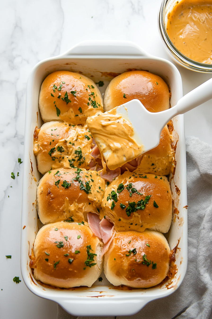 The tops of the sweet rolls have been placed over the ham and cheese in the baking dish, completing the sandwiches. A white silicone spatula is seen spreading the mustard butter mixture evenly across the tops. The glaze will soak into the rolls during baking, adding flavor and moisture. Everything is set on a white marble countertop.