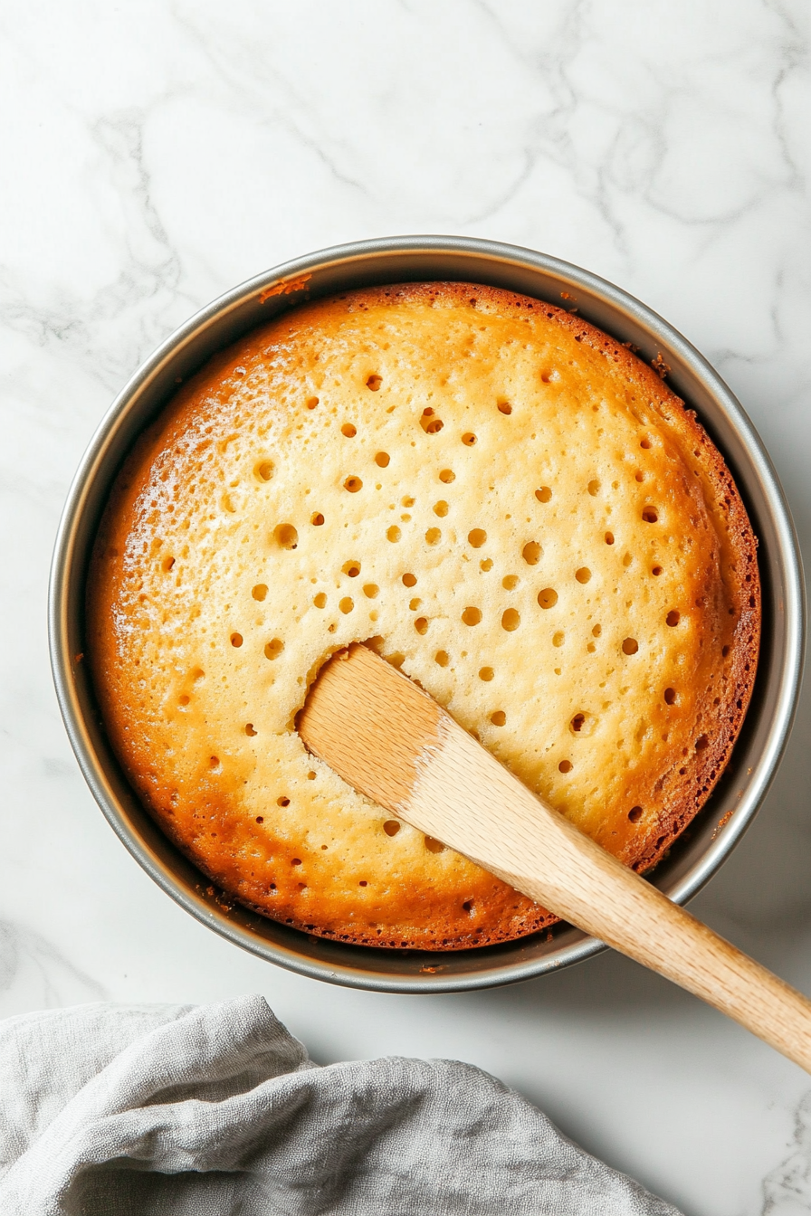 A top-down shot showing the baked and cooled cotton candy cake in a metal pan with evenly spaced holes being made using the back of a wooden spoon. The cake rests on a white marble countertop. This step helps the pudding absorb into the cake, ensuring a soft and flavorful texture in each bite.