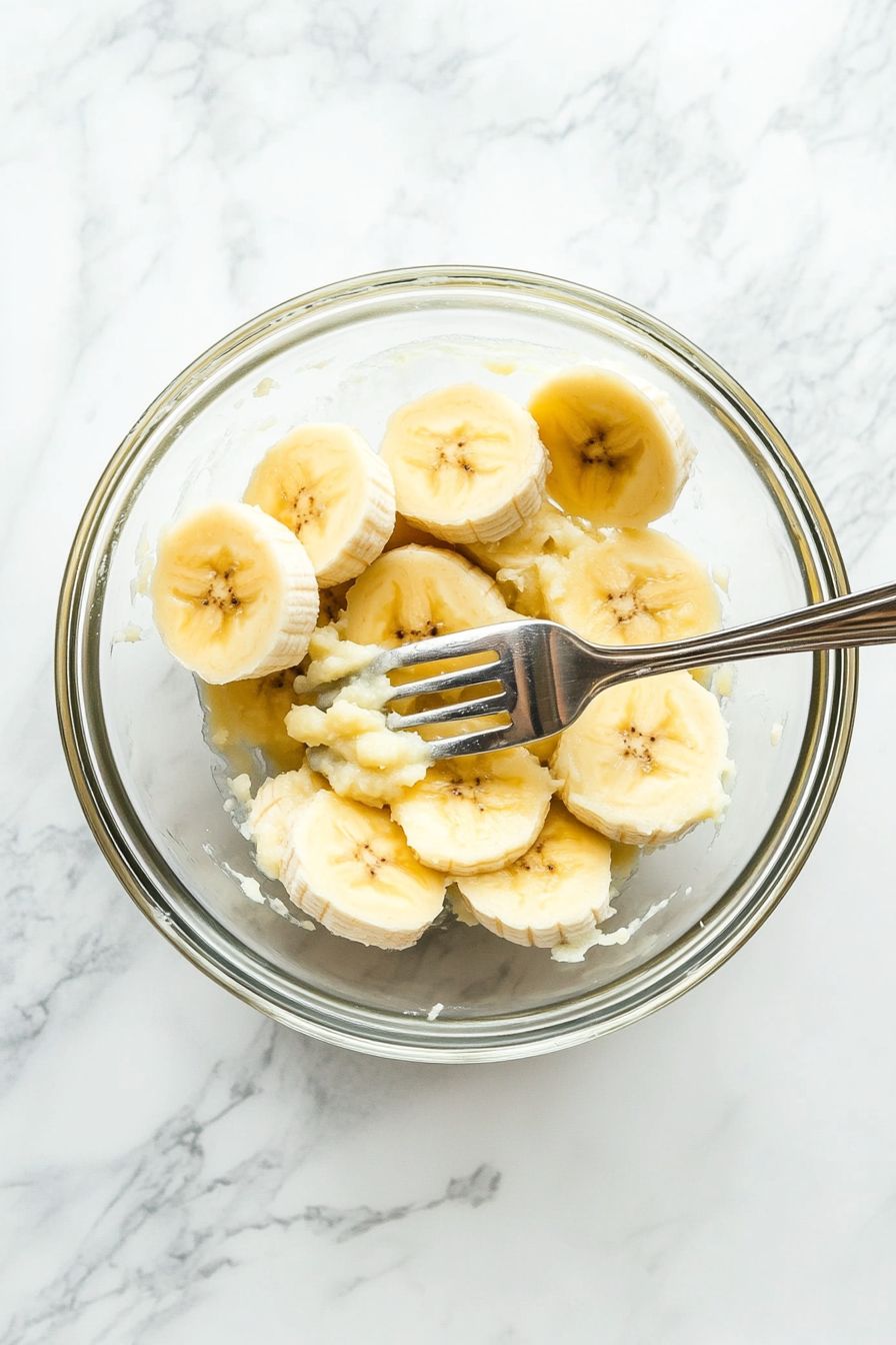 Top-down view of a small clear glass bowl filled with creamy mashed ripe bananas, set on a bright white marble countertop. A silver fork rests inside the bowl showing the mashed texture. The simple setup captures the freshness and importance of using perfectly ripened bananas for a moist and flavorful banana bread recipe.