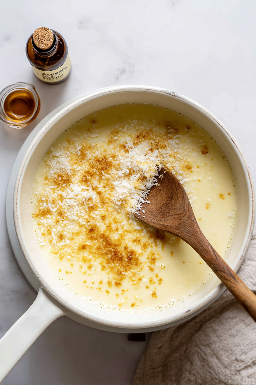 Remove from heat and stir in 3/4 cup toasted coconut and vanilla; reserve remaining toasted coconut for garnish.