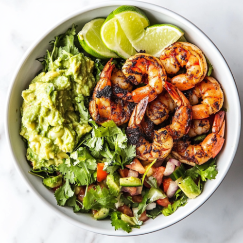 Top-down view of the completed blackened shrimp salad bowl, garnished with lime wedges and guacamole, ready to serve. A serving spoon is placed beside the bowl on the white marble cooktop