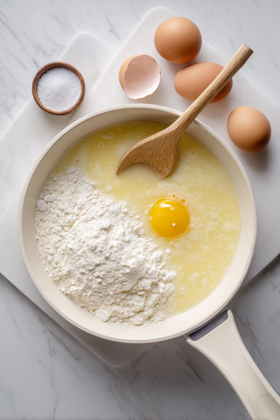In a medium pot, combine half-and-half, sugar, flour, eggs, and salt.