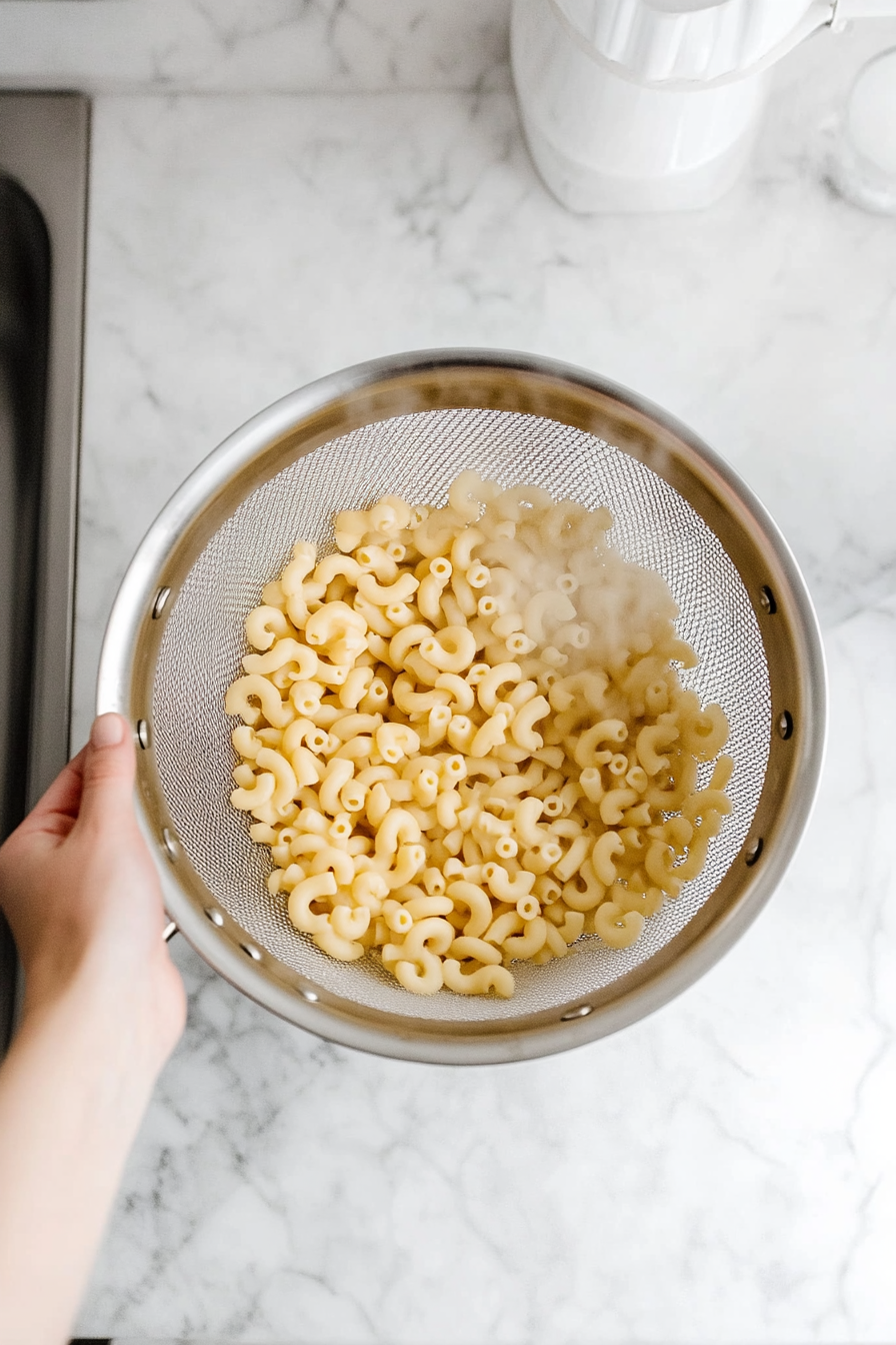 Drain the pasta in a strainer and set aside.