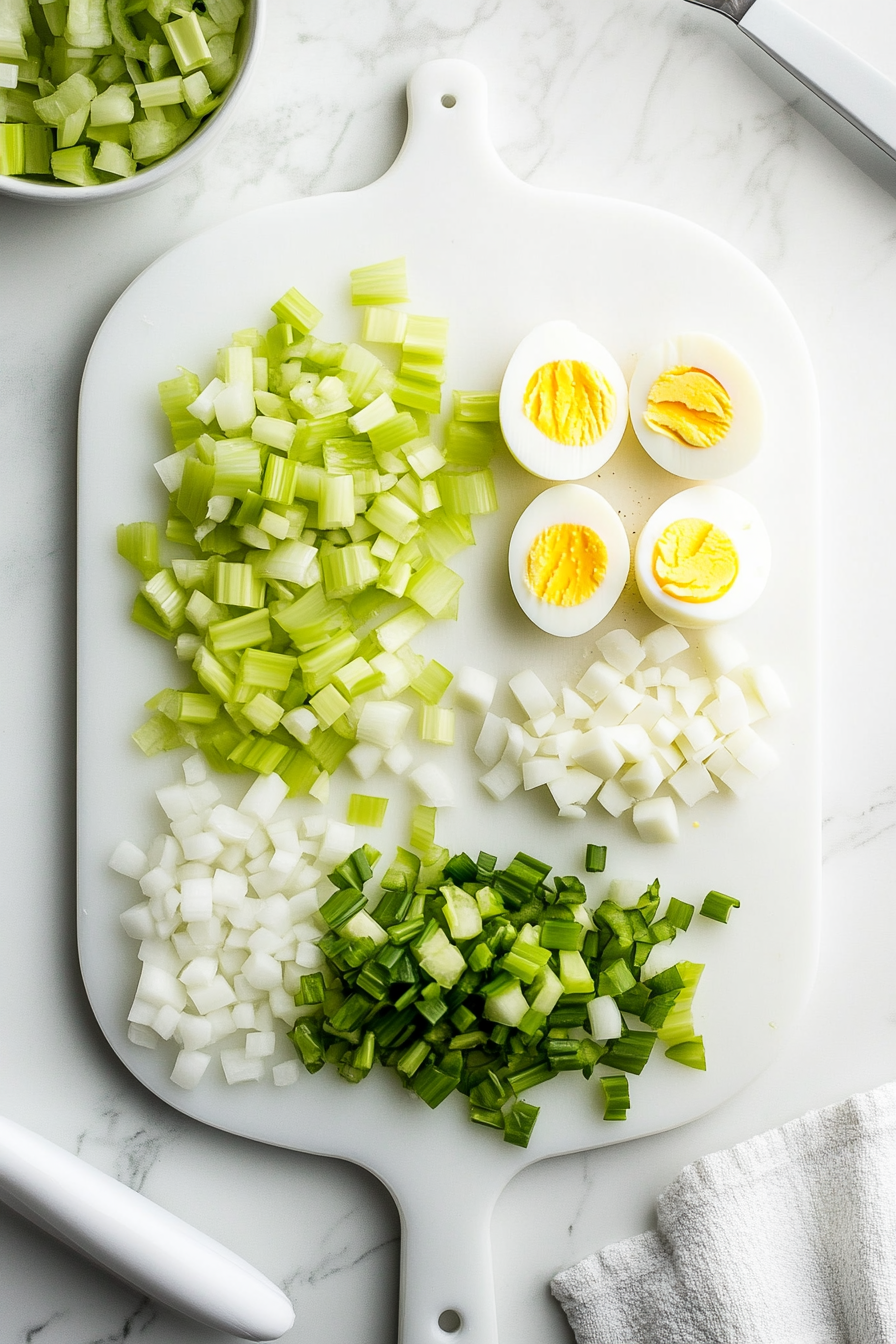 Meanwhile, dice the onion and celery, and chop the hard-boiled eggs.
