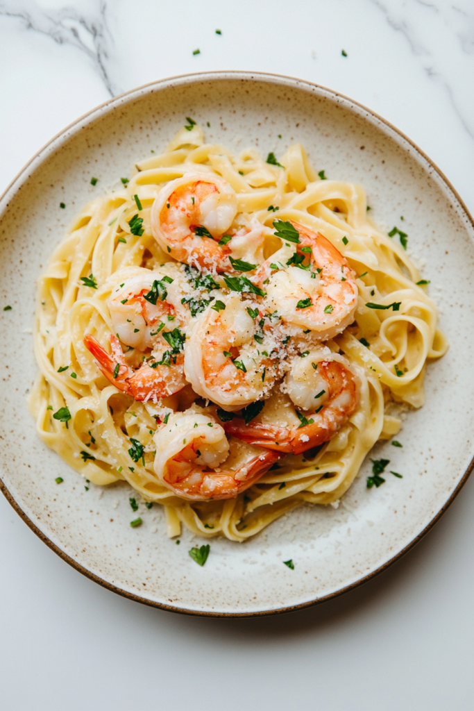 This image shows shrimp scampi being served over a plate of cooked pasta, ready to be garnished and enjoyed.