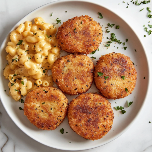 This image shows a plate of perfectly cooked Southern salmon patties, garnished with fresh herbs, served alongside mac and cheese and other classic Southern sides, ready to be enjoyed.