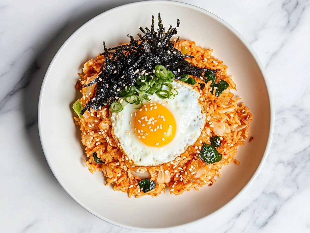 This image shows a vibrant serving of kimchi fried rice on a plate, topped with crispy bacon, a perfectly cooked sunny-side-up egg, and garnished with sesame seeds and green onions for a delicious Korean comfort meal.