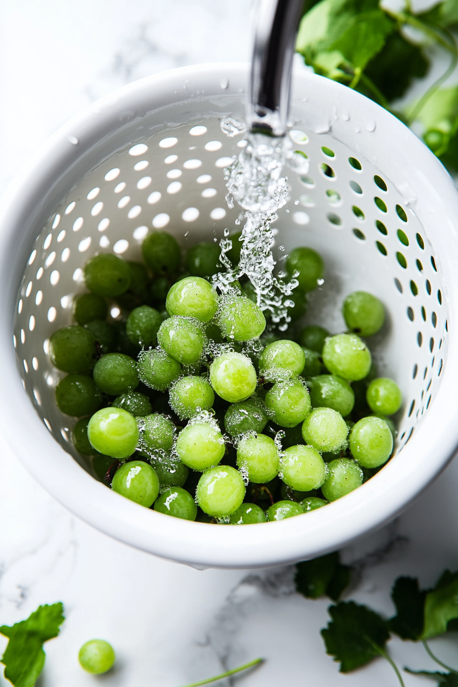 Place the grapes in a colander and rinse them with cool water.