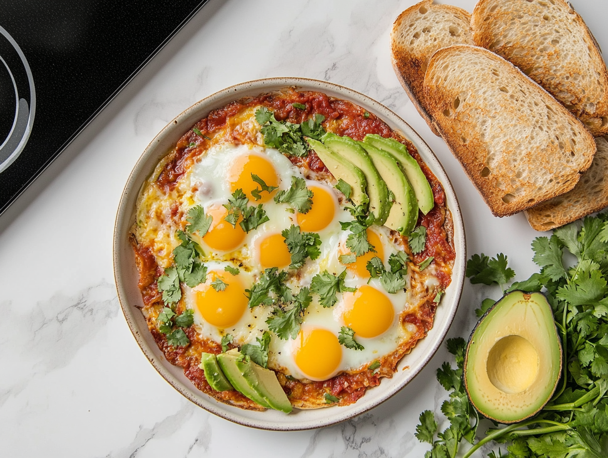 A beautifully presented shakshuka dish with poached eggs served in a skillet with toasted bread