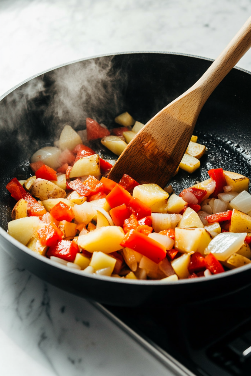 Add the diced onion, bell pepper, and potato.