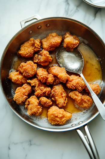 A deep skillet on a white marble cooktop filled with golden-brown fried chicken pieces. A slotted spoon is ready to remove the chicken, with a plate lined with paper towels nearby for draining excess oil. The scene highlights the crispy texture of the fried chicken