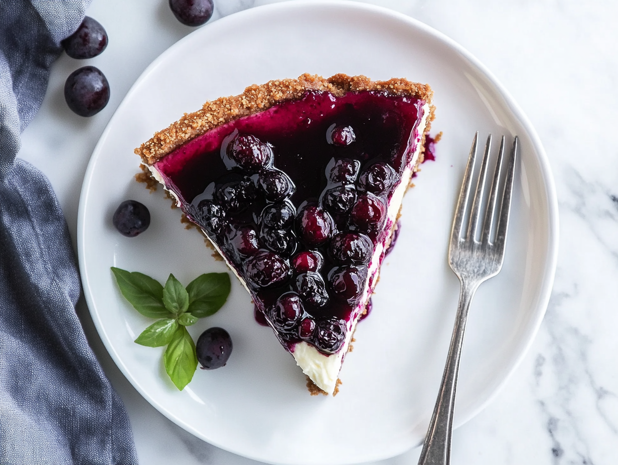 This image shows a fully assembled huckleberry cheesecake with a golden graham cracker crust, creamy cheese layer, and vibrant huckleberry topping, garnished with whole berries for a fresh, delicious dessert.