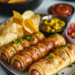 The baking sheet sits inside a toaster oven on the white marble cooktop. The crescent dogs bake for 12-14 minutes, developing a golden brown, flaky exterior.