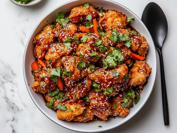 A large bowl on a white marble cooktop containing fried chicken tossed in sweet chili sauce, garnished with sesame seeds, julienned carrots, and chopped cilantro. A serving spoon is placed next to the bowl, showcasing the vibrant colors and textures of the dish, ready to be served.